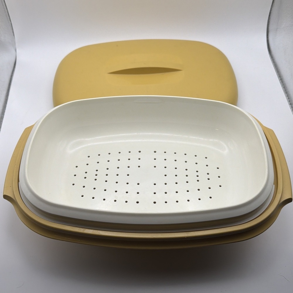 Vintage Tupperware #1273-4 Harvest Gold 3 Piece Vegetable/Rice Steamer Strainer
